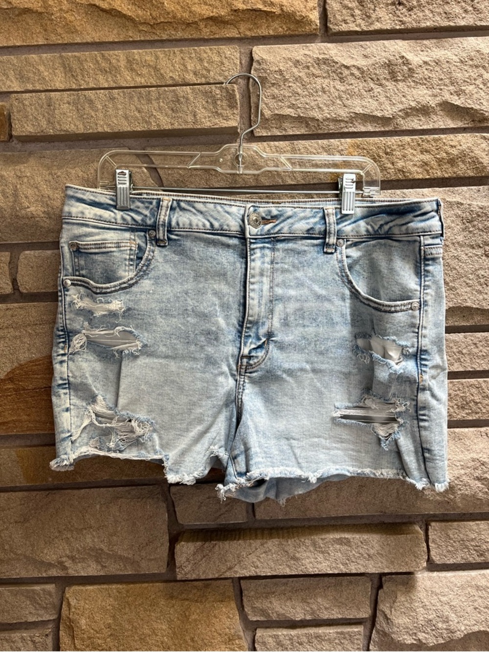 American Eagle Light Wash Distressed Hi Rise Shortie Denim Shorts 18